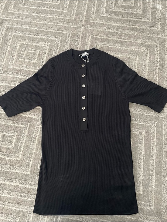 CHANEL Other - CHANEL Black Ribbed Short-Sleeve Henley with Decorative Crystal Buttons